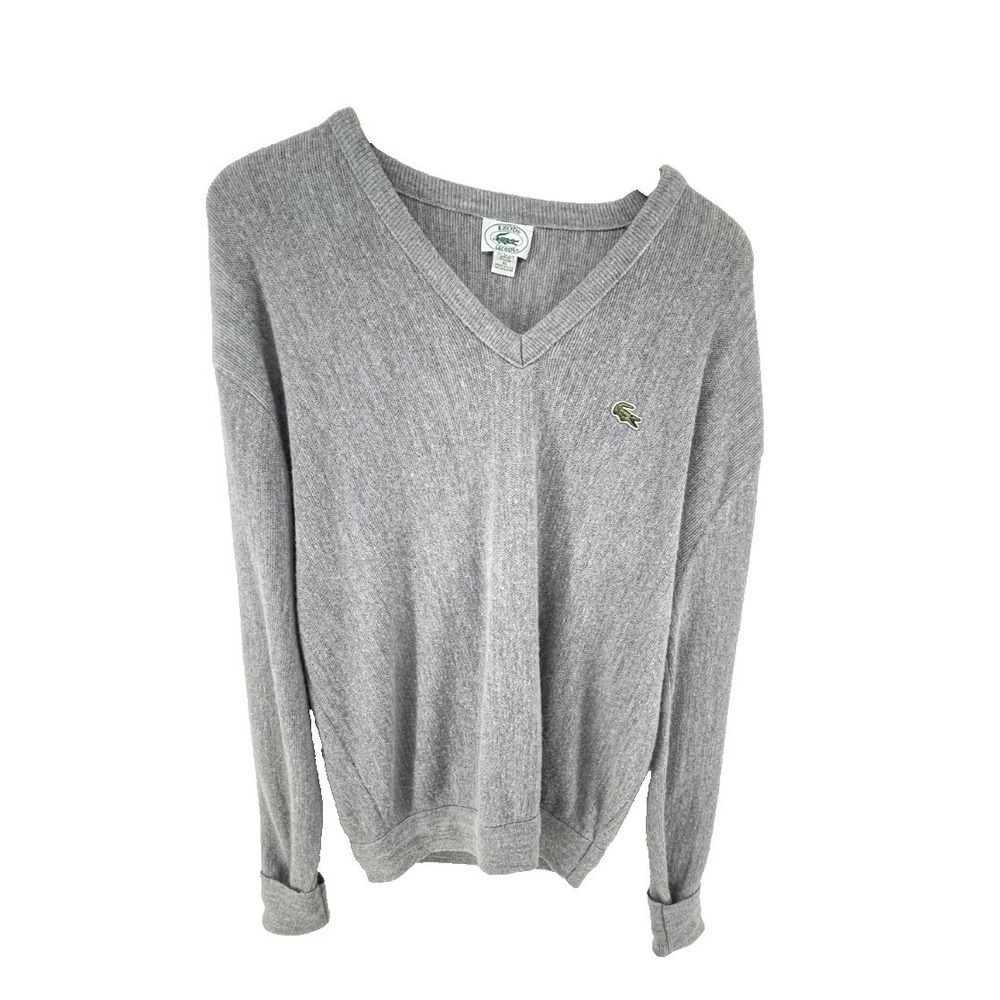 Vtg 70s Izod Lacoste V Neck Sweater Men XL Gray Orlon Acrylic USA Made Preppy